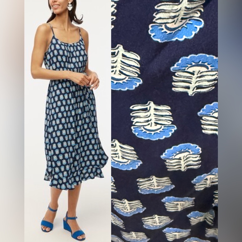 J Crew Ruffle Midi Dress With Curved Hem Blue Scandinavian Print
